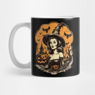 Retro Halloween Witch Girl with Pumpkins and Bats Mug